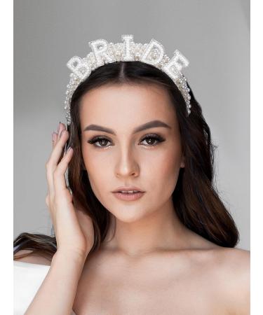 Sweetv Pearl Bride Headband for Wedding - Handmade Rhinestone Bridal Hair Accessories - Bachelorette Party Decorations and Bride to Be Headband - White - Buy Online on SooperMarket.com