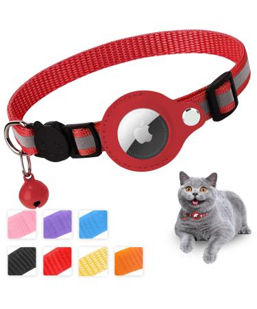 Mouyou Airtag cat neck band Airtag collar cat soft nylon reflective with bell and safety clasp tracking cats collar with holder airtag case adjustable from 22-34cm red