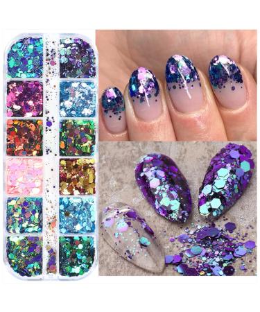 Holographic Nail Art Glitter Flakes - 12 Grids | Hexagon Sequins for Manicure Decoration - Buy Online on SooperMarket.com