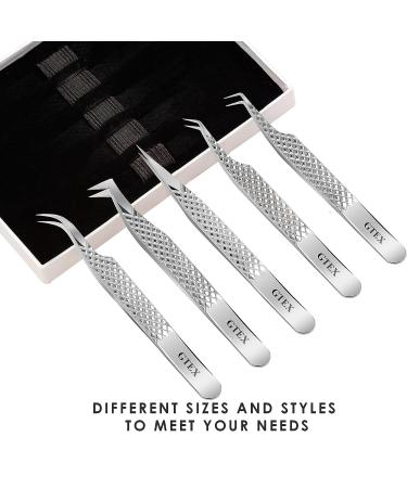 GTEX Lash Tweezers Set of 5 - Japanese Stainless Steel, Straight & Curved, 45 & 90 Volume Eyelash Extensions - Silver - Buy Online on SooperMarket.com