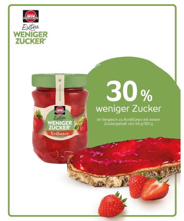 Schwartau Extra Less Sugar Strawberry Spread 300g | Reduced Sugar Fruit Jam for Healthier Enjoyment - Buy Internationally - Buy Online on SooperMarket.com
