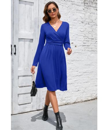 OUGES Women's Spring Casual Midi Dress | Long Sleeve V-Neck Floral Wrap Dress with Pockets | Blue - Buy Online on SooperMarket.com