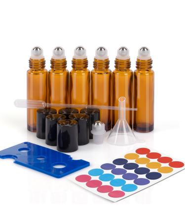 ComSaf 10ml essential oils roller glass bottles 6-Set anti-Uv roll on glass bottles rollon bottles for oils 10ml roll on bottle empty for massage bergamot essential oil Dterra essential oils brown x 6