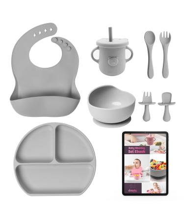 CHEEKYCHOPS 9 PCS Baby Weaning Set & Ebook Includes Baby Plate Adjustable Bib Cup Recipe Ebook Suction Baby Bowl and Spoon Baby weaning Set Slate Grey