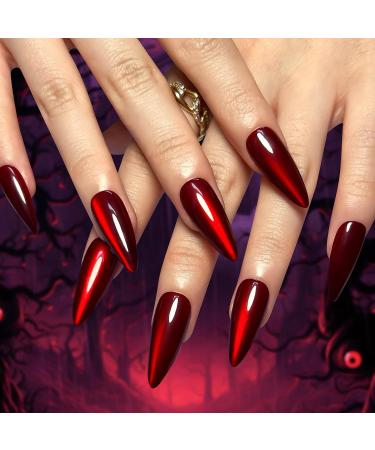 30 Pcs Halloween Press on Nails - Red Long Stiletto Fake Nails with Cat's Eye Design | Stick on Almond Style for Women | Perfect Holiday Nail Art - Buy Online on SooperMarket.com