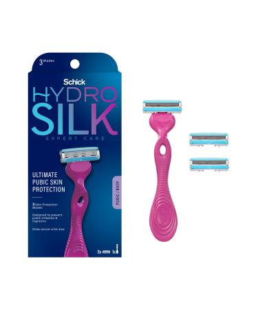 Schick Hydro Silk Ultimate Pubic Skin Protection 1 Razor Handle with 3 Cartridges | Razors for Women Sensitive Skin Pubic Hair Razor for Women Bikini Line Razor 1 Handle with 3 Razor Refills