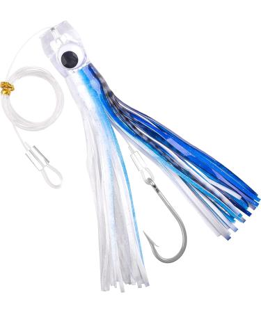 Drag bait saltwater fishing bait tug bait for mahi marlin tuna dolphin wahoo shark deep sea fishing bait with a leader hook inkfish skirts black and white-blue
