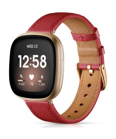 Maledan Compatible with Fitbit Versa 3/Fitbit Sense Bands for Women Men, Soft Stylish Durable Genuine Leather Band Slim Strap Replacement Accessories with Rose Gold Buckle, Red