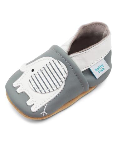 Dotty Fish Soft Leather Baby Shoes for Boys. Toddler Shoes. Non Slip. Animal Designs for Boys and Girls. 0-6 Months - 4-5 Years 0-6 Months Grey Elephant
