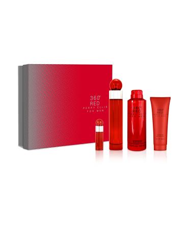 Perry Ellis 360 Red 3.4oz EDT Spray 6oz Body Spray 3oz Shower Gel 7.5ml EDT Spray Men 4 Pc Gift Set