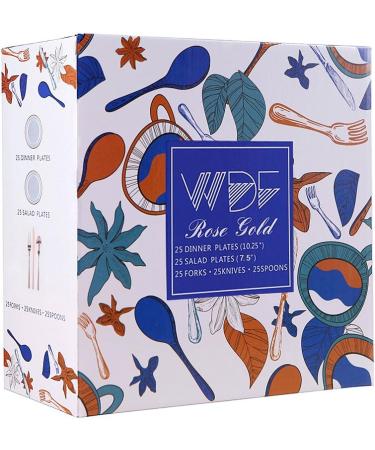 WDF 125PCS Rose Gold Plastic Silverware & Disposable Plates Set - Ideal for Wedding, Party, Christmas - Includes 25 Dinner Plates, 25 Salad Plates, 25 Forks, 25 Knives, 25 Spoons - Buy Online on SooperMarket.com