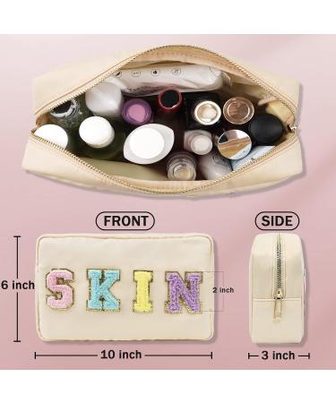 Chenille Letter Nylon Waterproof Makeup Bag for Women - Beige-Skin Travel Organizer Pouch for Toiletries and Cosmetics - Buy Online on SooperMarket.com