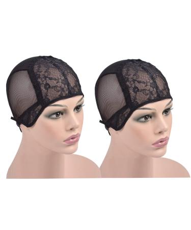 2 Pcs Black Double Lace Wig Caps with Adjustable Straps Swiss Lace Hairnet on the Back for Making Wig (Black M) Medium(54cm) Black(Pack of 2)
