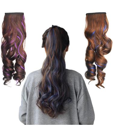Saijer ponytail extensions 2 PCs corrugated ponytail extensions long hair extension hair parts extension wig with cord strain like real hair wrap on ponytail for girls female (brown purple blue)