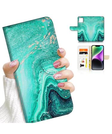 AjourTek Art Designed Flip Wallet Style Cover Case Fancy Flower Full Body Protection AD003 (#24881 Emerald Crystal Marble)