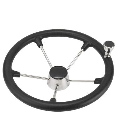 NovelBee 15-1/2 Inch Stainless Steel 5 Spoke Boat Marine Destroyer Steering Wheel with Black PU Foam (with Knob)