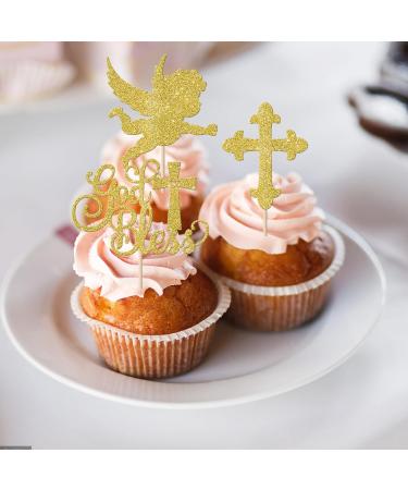 Rsstarxi 24 Pack God Bless and Cross Cupcake Toppers Angel Christening Cupcake Picks Babyshower Boy Baptism Cake Decorations for First Communion Baptism Party Decorations Gold - Buy Online on SooperMarket.com