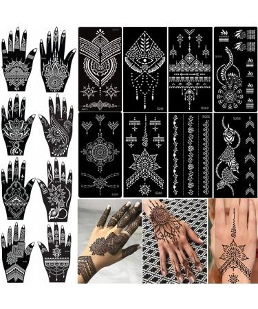 XMASIR 16 Sheets Temporary Henna Tattoo Kit  Reusable Tattoo Stencils Sets Indian Arabian Temporary Tattoo Templates Kit for Body Hand Art Black2-16pcs