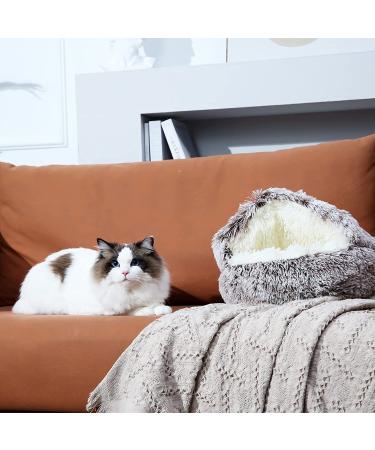 Plush Hooded Cat Bed with Blanket - Round Burrowing Cave Design for Small Dogs/Cats - Machine Washable, Slip Resistant - Ultra Soft Cushion - 24x24 inch Grey - Buy Online on SooperMarket.com