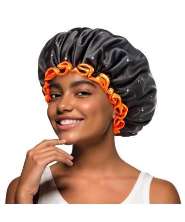 Mikimini black shower hoods 2-pack double-layer waterproof bathing hair hood with reusable soft comfortable peva feed cute stretchy shower hat medium-sized medium (2-pack) black+orange