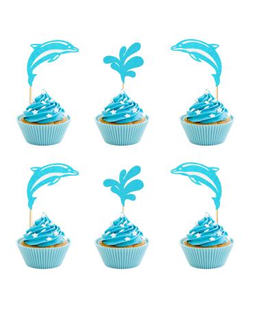 Arthsdite 24Pcs Dolphin Cupcake Toppers Under the Sea Theme Cupcake Picks Ocean Animal Baby Shower Kids Birthday Party Cake Decorations Supplies - Blue Glitter