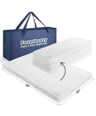Foambesty Tri-fold Pack n Play Mattress Pad (38''x26''), Portable Pack and Play Mattress, Dual Sided Playard Pad Playpen Foam for Baby & Toddlers, Mattress for Pack and Play for Christmas Baby Gifts