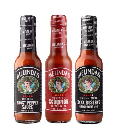 Melinda’s Extreme Fiery Collection - Extra Spicy Craft Hot Sauce Gift Set - Includes Ghost Pepper, Scorpion Pepper, Habanero XXXXtra Reserve - Extreme Heat Hot Sauce Variety Set - 5oz, 3 Pack Extreme Fiery Collection 3 Pack