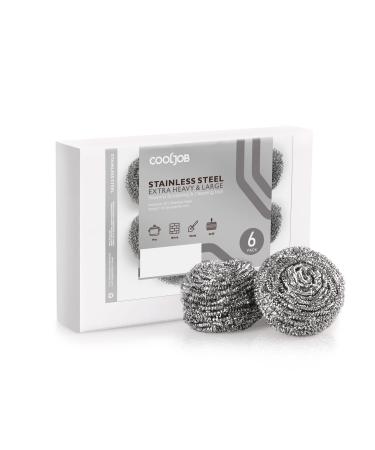 COOLJOB 6 Pack Stainless Steel Scrubber Sponges Heavy Duty Tough Scouring Pads for Dishes Pans Pots Ovens Uncoated Cookware Powerful to Clean Grease Dirt Oil or Rust (Sliver 25 Grams)