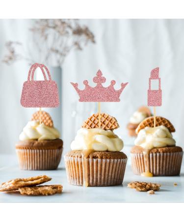 24pcs Princess Cupcake Toppers Glitter Pink Cupcake Decoration Lipstick High Heel Crown Lip Handbag Bow Cake Topper for Birthday Wedding Baby Shower Bachelorette Party Supplies - Buy Online on SooperMarket.com