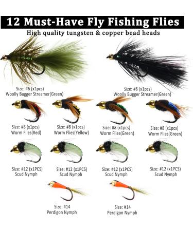 Ivei Fly Fishing Flies Kit - Premium Hand-Tied Assortment of 12 Dry/Wet Flies Nymphs & Streamers with Portable Box for Trout & Bass Fishing - Buy Online on SooperMarket.com