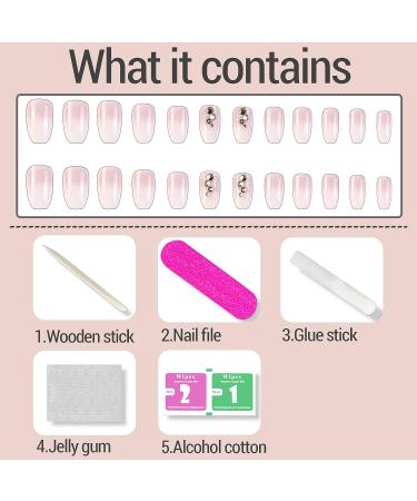 Pink Gradient Rhinestone Press on Nails - 24 Pcs Medium Coffin Shape | Glitter Powder & Rhinestone Designs | False Nails for Women and Girls - Buy Online on SooperMarket.com