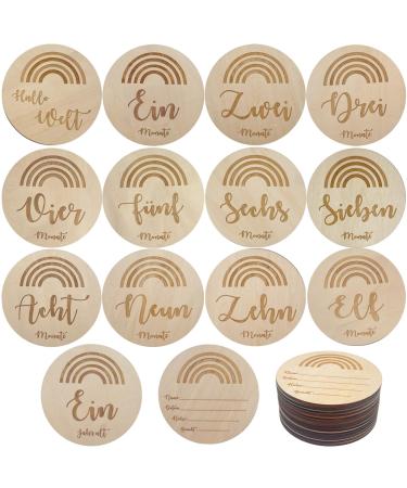 Milk cards baby wood 14 pieces Baby first year growth photo props milestones on fine wooden disks baby shower gifts (14 PCs)