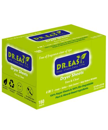 Dr.Easy Dryer Sheets Free & Clear Plant Based all ingredients for Sensitive Skin 160 Ct 100% Rayon Fabric Softener sheet unscented & no dyes Reduce Static & Wrinkles Soften Clothes Help Repel Pet Hair Bio-degradable free & clear 160 Count (Pack of 1)