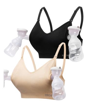 HOFISH Hands Free Pumping Bra Women Sport Bras Seamless Padded Nursing Maternity Bra for Pregnancy/Breastfeeding/Working Out S-2XL S Pumping Bra:black Beige