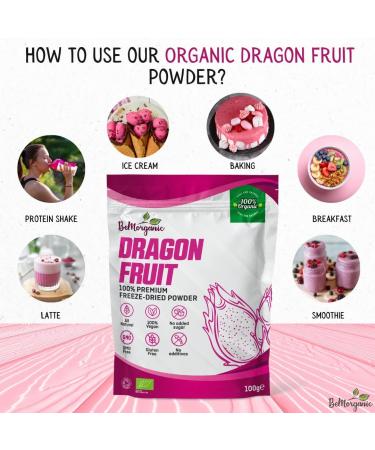 BeMorganic Organic Dragon Fruit Powder - 100g Pure Pink Pitaya Smoothie Powder | No Added Sugar or Gluten - Buy Online on SooperMarket.com