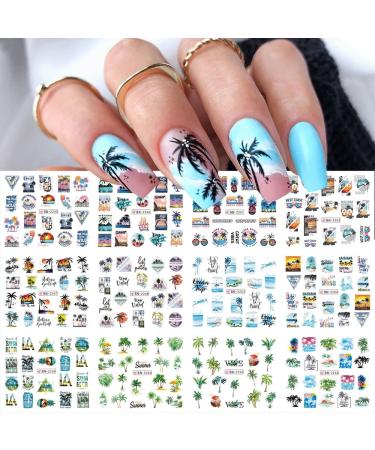 12 Sheets Summer Nail Art Stickers Decals  Seaside Series Nail Art Supplies Green Coconut Palm Beach Design Water Transfer Decals Tattoo Nail Art Slider Summer Holiday Nail Decorations for Women DIY Style 4