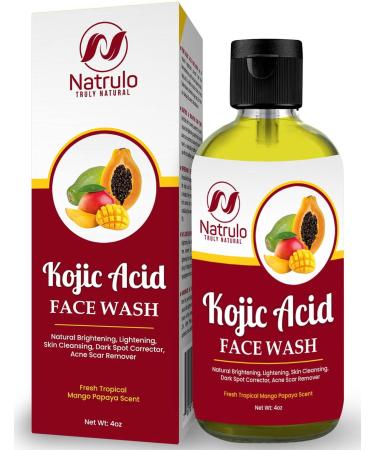 Kojic Acid Face Wash Liquid Soap Facial Cleanser 4oz Natural Brightening Skin Cleansing Dark Spot Corrector Acne Scar Remover with Turmeric Fresh Tropical Mango Papaya Scent Made in the USA