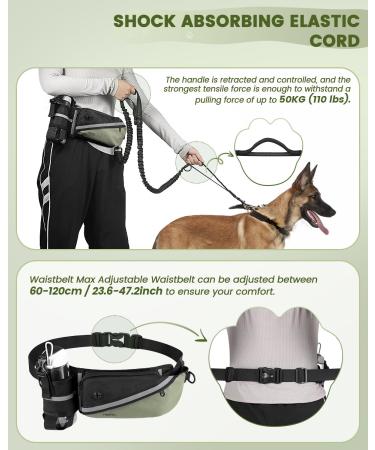 Premium Dog Jogging Lines & Heelay Belt - Reflective Leash for Large & Small Dogs - Comfortable Dual Handle Design in Army Green - Buy Online on SooperMarket.com