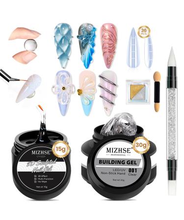 MIZHSE Solid Nail Builder Gel and 3D Nail Gel Kit All in 1 Kits with Chrome Powder and Silicone Nail Art Sculpture Pen Clear Gel Nail Extension 3D Sculpting Gel for Nails Strengthen Gel for Nails Art
