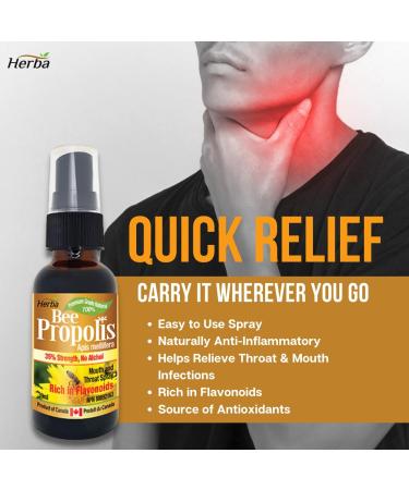 Herba Bee Propolis Throat Spray 30ml - No Alcohol | Helps Relieve Sore Throats and Mouth Infections | Rich in Flavonoids | 100% Natural - Premium Grade | Made in Canada | Alcohol Free Spray - Buy Online on SooperMarket.com