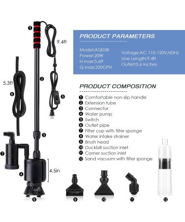 AQQA Electric Aquarium Gravel Cleaner 6-in-1 | 320GPH 20W Automatic Fish Tank Cleaning Tool | Suitable for Water Changes, Sand Washing, and Water Filtration - Buy Online on SooperMarket.com