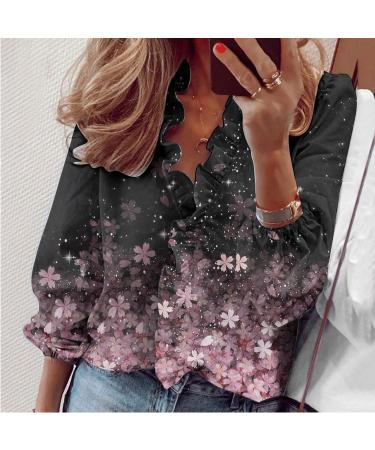 AMhomely Ruffle Blouse for Women V Neck Long Sleeve Blouse Top Shirt Blouse Boho Floral Printed Shirts Ladies Elegant Shirt Office Work Blouses UK Size S M L XL XXL XXXL XXXXL XXXXXL 018 - Long Sleeve Tee Shirts - Pink S - Buy Online on SooperMarket.com