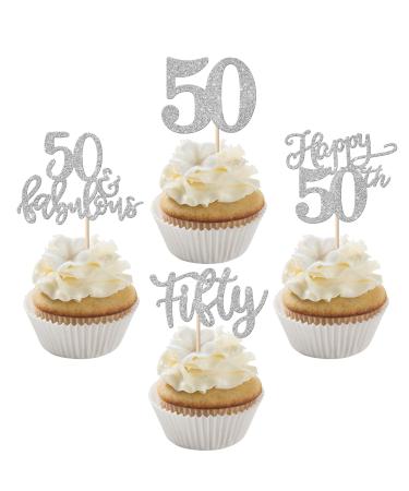 Rsstarxi 24 Pack Happy 50th Birthday Cupcake Toppers Glitter Fifty 50 Fabulous Cupcake Food Picks for 50th Birthday Wedding Anniversary Party Cake Decorations Silver Design 1 50th Silver