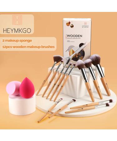 HEYMKGO 12pc Travel Size Makeup Brush Set with 2pc Sponges | Wooden Handle Brushes for Foundation, Blush, Eyeshadow & More - Buy Online on SooperMarket.com