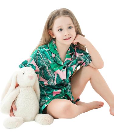 SWOMOG Kids Silk Pyjamas - Short Sleeve Satin PJs Set for Girls Boys | Button-Down Silky Nightwear for Children & Teens | Pink Leaves Design | Ages 4-16 - Buy Online on SooperMarket.com