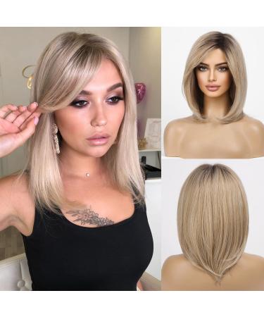 Haircube just short charming bob with bangs wigs for woman nature heat -resistant synthetic fiber party/cosplay/costume/daily wig (dark root ombre ash blond) 11209