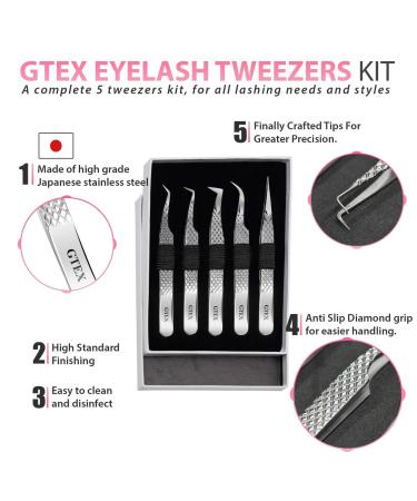 GTEX Lash Tweezers Set of 5 - Japanese Stainless Steel, Straight & Curved, 45 & 90 Volume Eyelash Extensions - Silver - Buy Online on SooperMarket.com