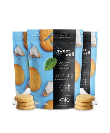 Coconut Cookies Low Carb Keto Cookies Gluten-Free Keto Snack with Real Ingredients Stevia Sweetener and Collagen Sugar-Free 3.2 oz Each Pack of 3 - Sweetwell