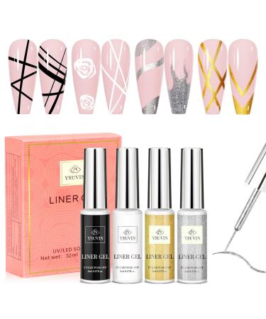 Yueshop Art Liner Gel Nail Polishes Set Painting Soak Off Gel Nail Varnish Set 4x8ml Gel Nail Polish Black Gold Silver White Collection Drawing UV LED Gel Liner Polish Pen Tool For Manicure Art Salon Black White Gold Silver