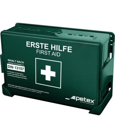 PETEX Business Association Standard with content according to the new DIN 13157 including practical wall bracket 5x sticker first aid case first aid kit in green for operation office construction sites DIN 13157 green